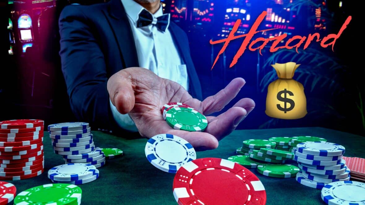 Osoba u smokingu baca poker žetone na stol pored natpisa hazard (hazardne igre)