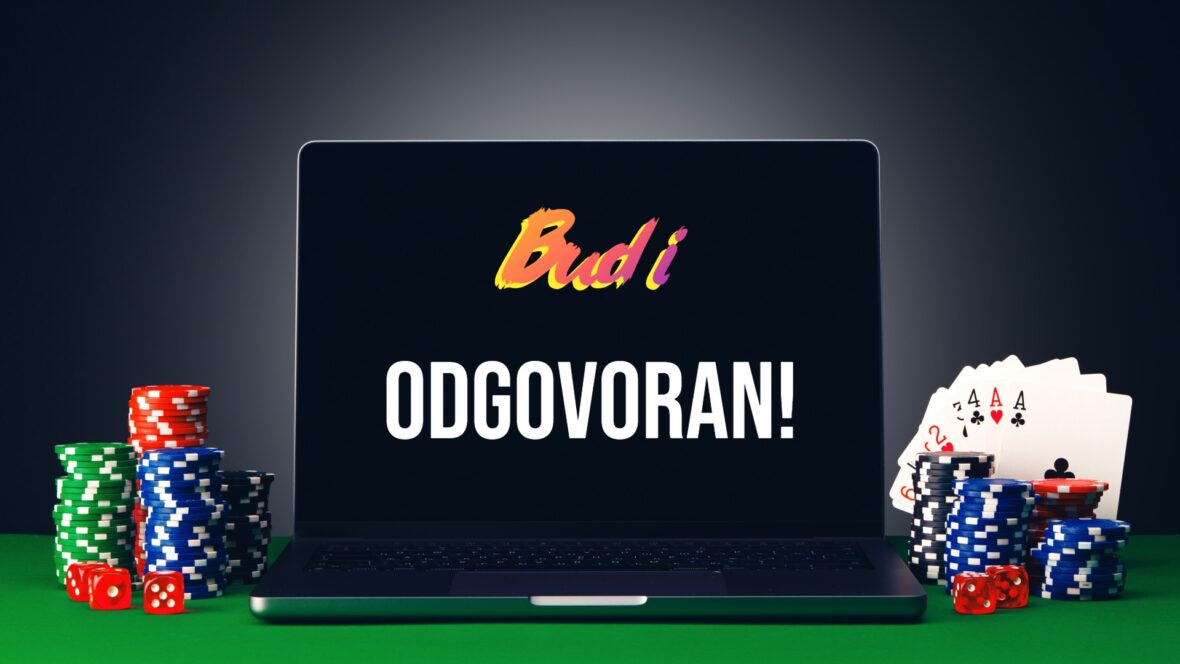 Znak "Budi odgovoran" na laptopu pored casino elemenata (Odgovorno igranje)